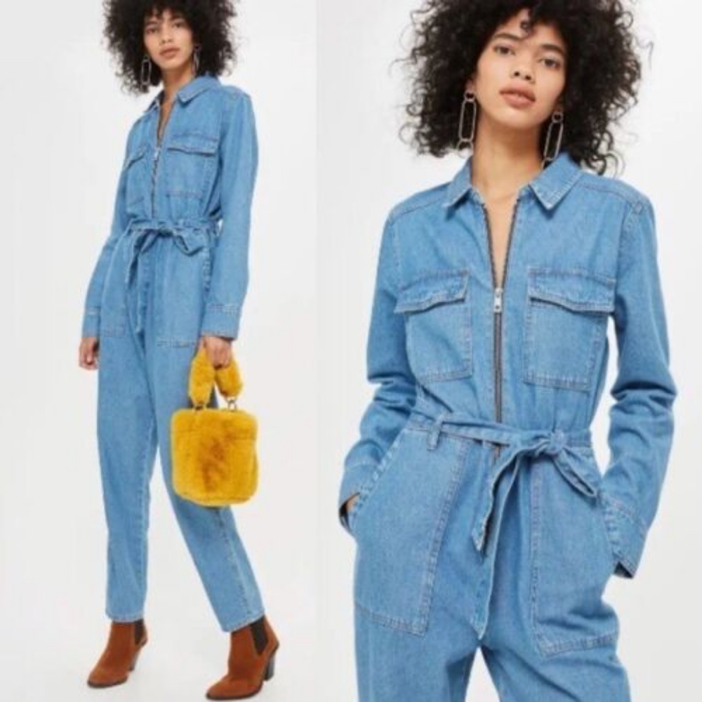 Topshop Denim Boiler Suit Jumpsuit • Zip Front • Size 10